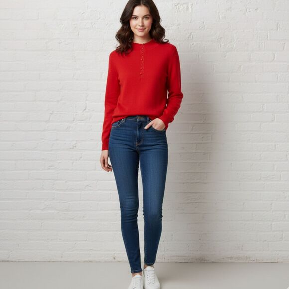 🔥 Merino Wool Henley Sweater M Button Front Red Ribbed Knit Luxury - Picture 15 of 15